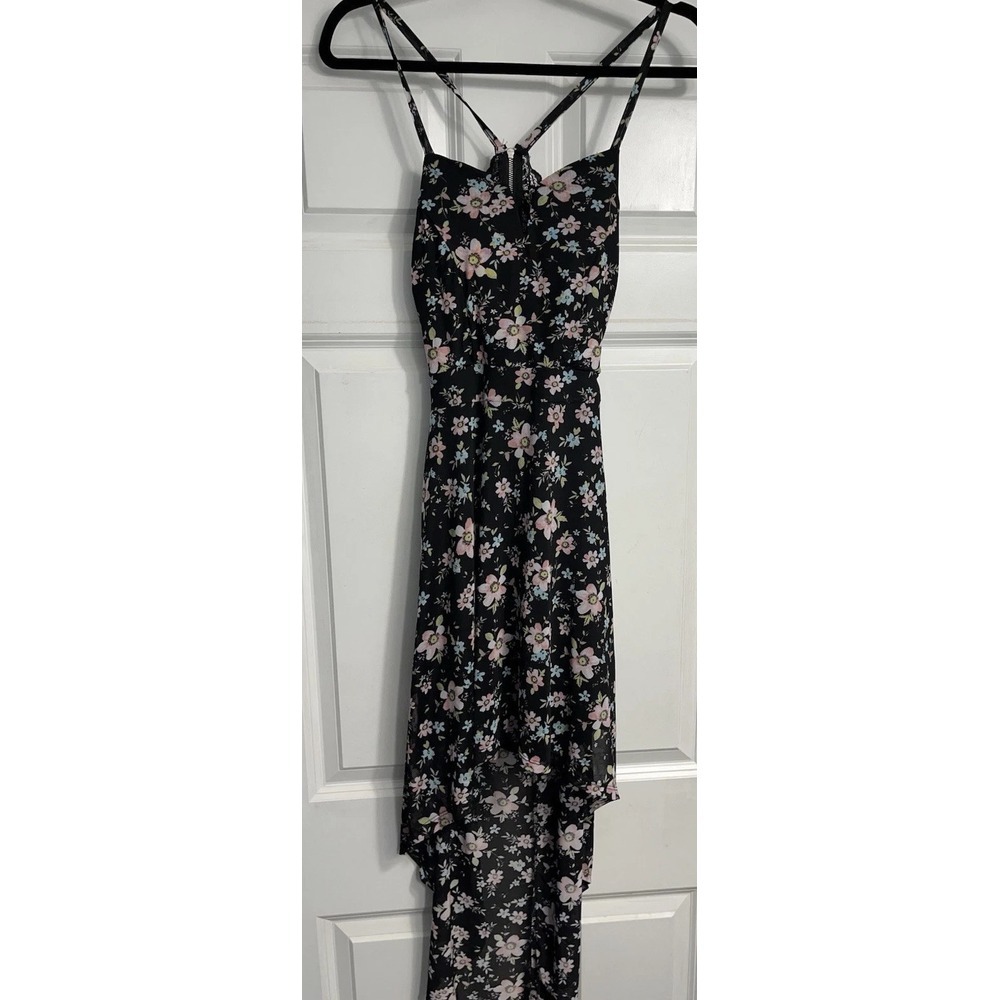 Whimsygoth Grunge Hi-Low Dress Sz Small Pads Black Floral Open Back Lace